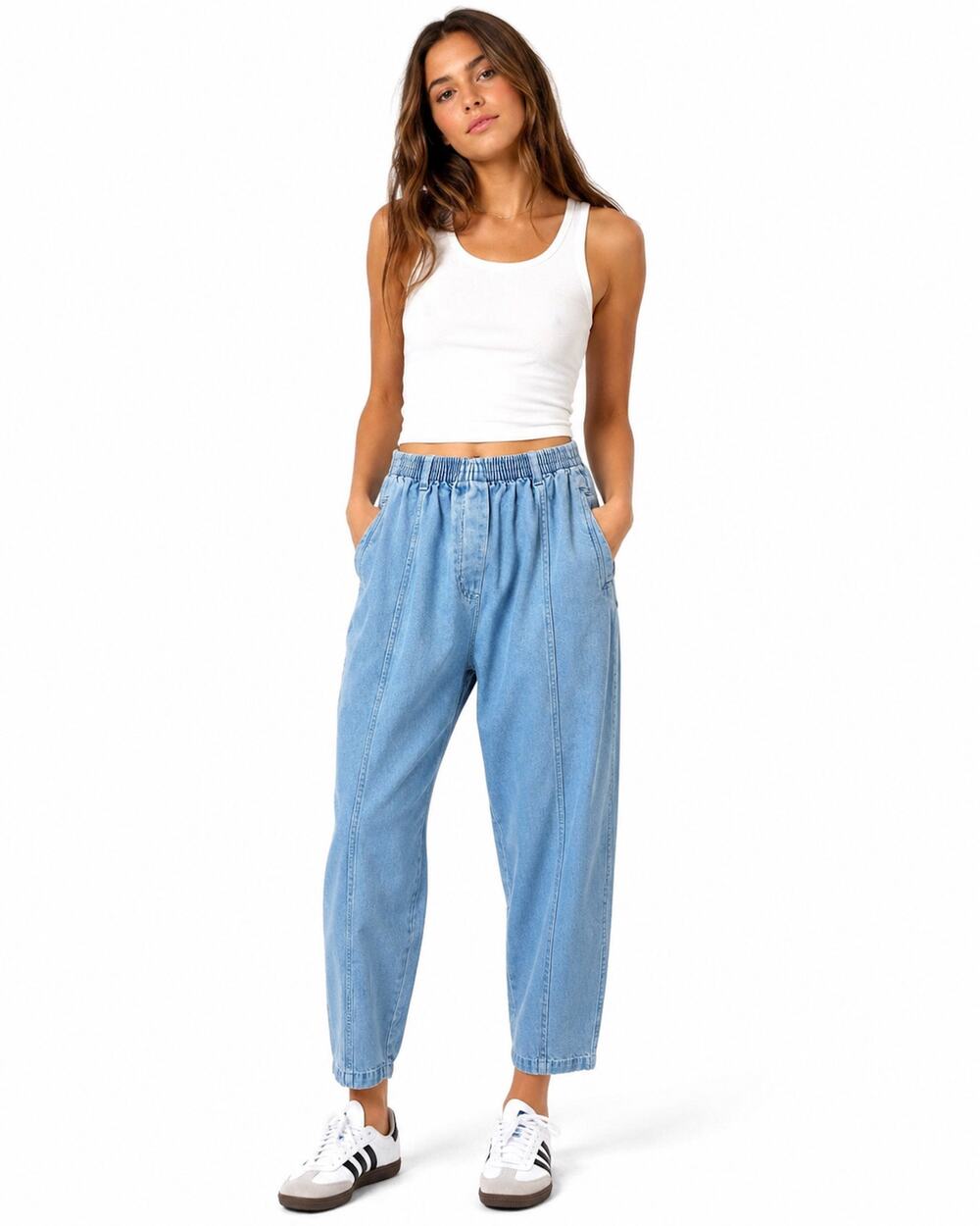 Vintage 90s Pull On Mom Jeans High Waist Tapered Light Wash Elastic Waist Denim